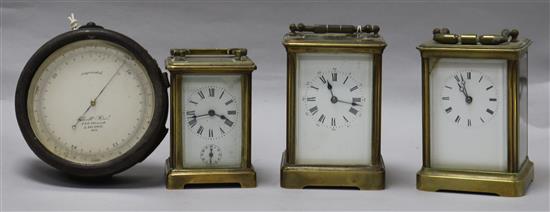 A Richard et Cie carriage clock and two carriage timepieces and an aneroid barometer
